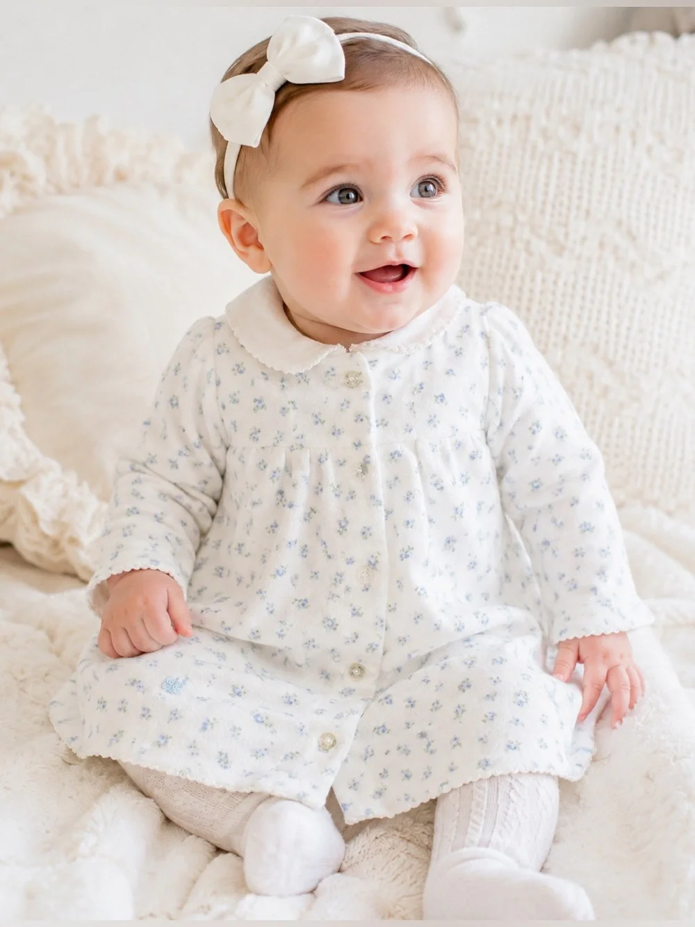 Ralph Lauren Baby Girls 3M Blue Floral Button Down Velour Dress Peter Pan Collar